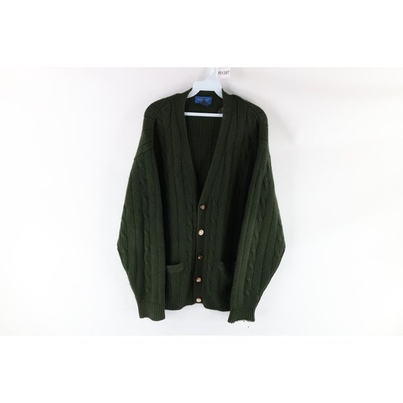 Vtg 90s Streetwear Mens XL Blank Cable Knit Kurt Cobain Cardigan Sweater Green